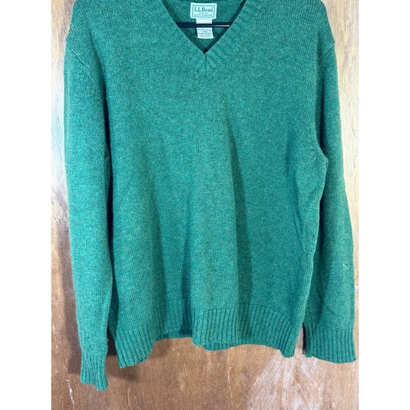 Vintage LL Bean Mens Sweater Large Wool Shetland Green V-Neck Cardigan Pullover - Picture 3 of 9